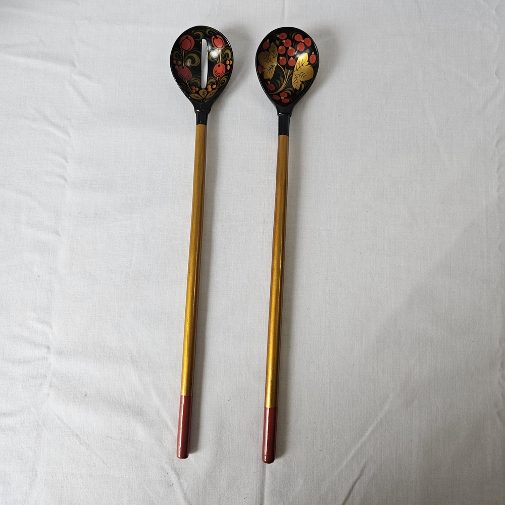 Khokhloma Russian Serving Spoons Red Blavk Gold Traditional Design 16" Long
